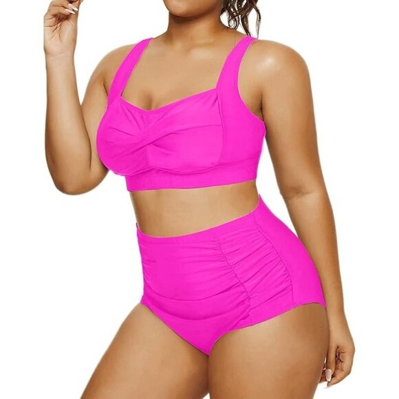 NWT DACI Twisted Front High Waisted Swimwear Plus Size -Neon Pink - Size 22W - Picture 10 of 12